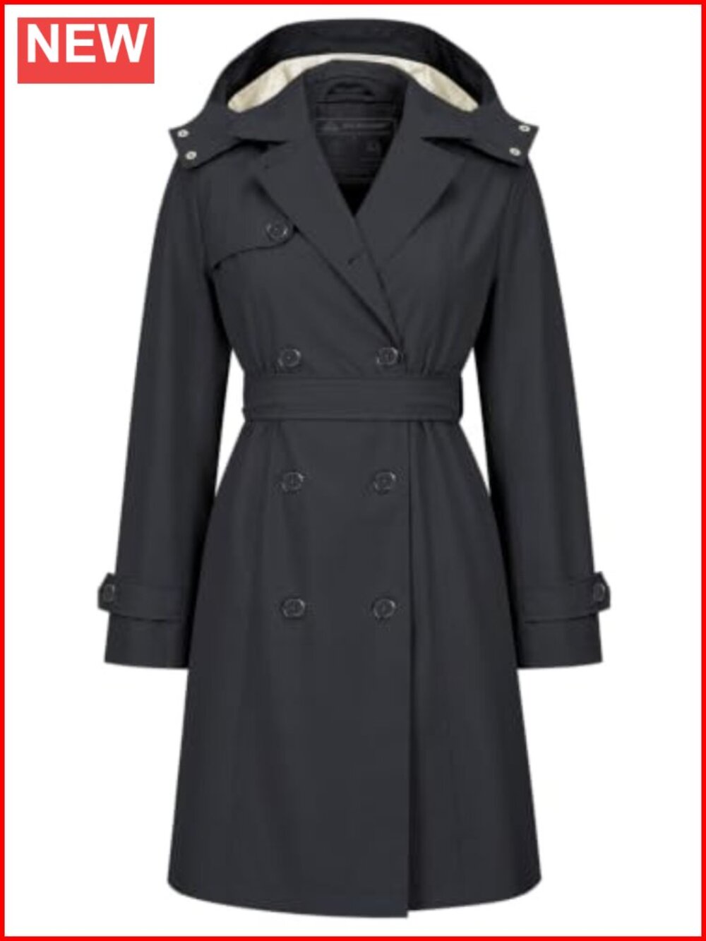 Women's Trench Coat Double Breasted Detachable Hood Belted Mid Length